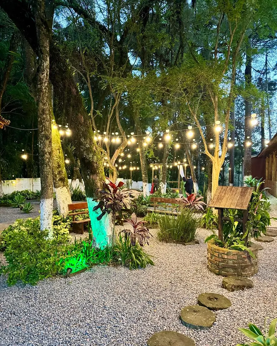 Jardim com luzinhas acesas à noite